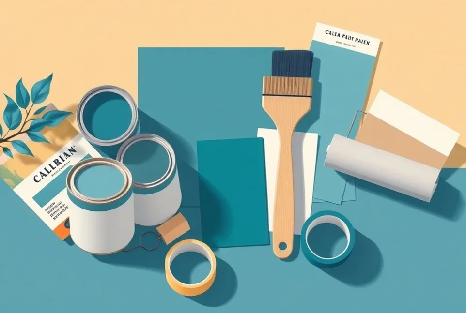 Pots de peinture, nuancier, brosses et rouleaux disposés à plat