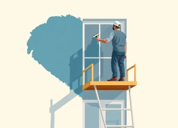 Peintre sur échafaudage traitant la façade d'une maison