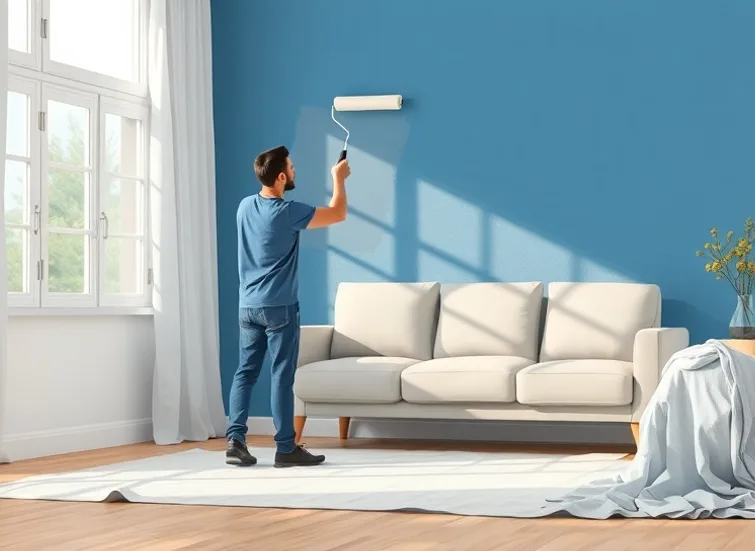 Peintre appliquant la peinture au rouleau sur un mur de salon